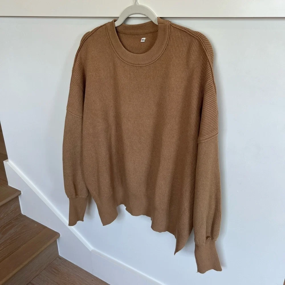 Brown/ Tan Crewneck Batwing Oversized Ribbed Pullover Sweater